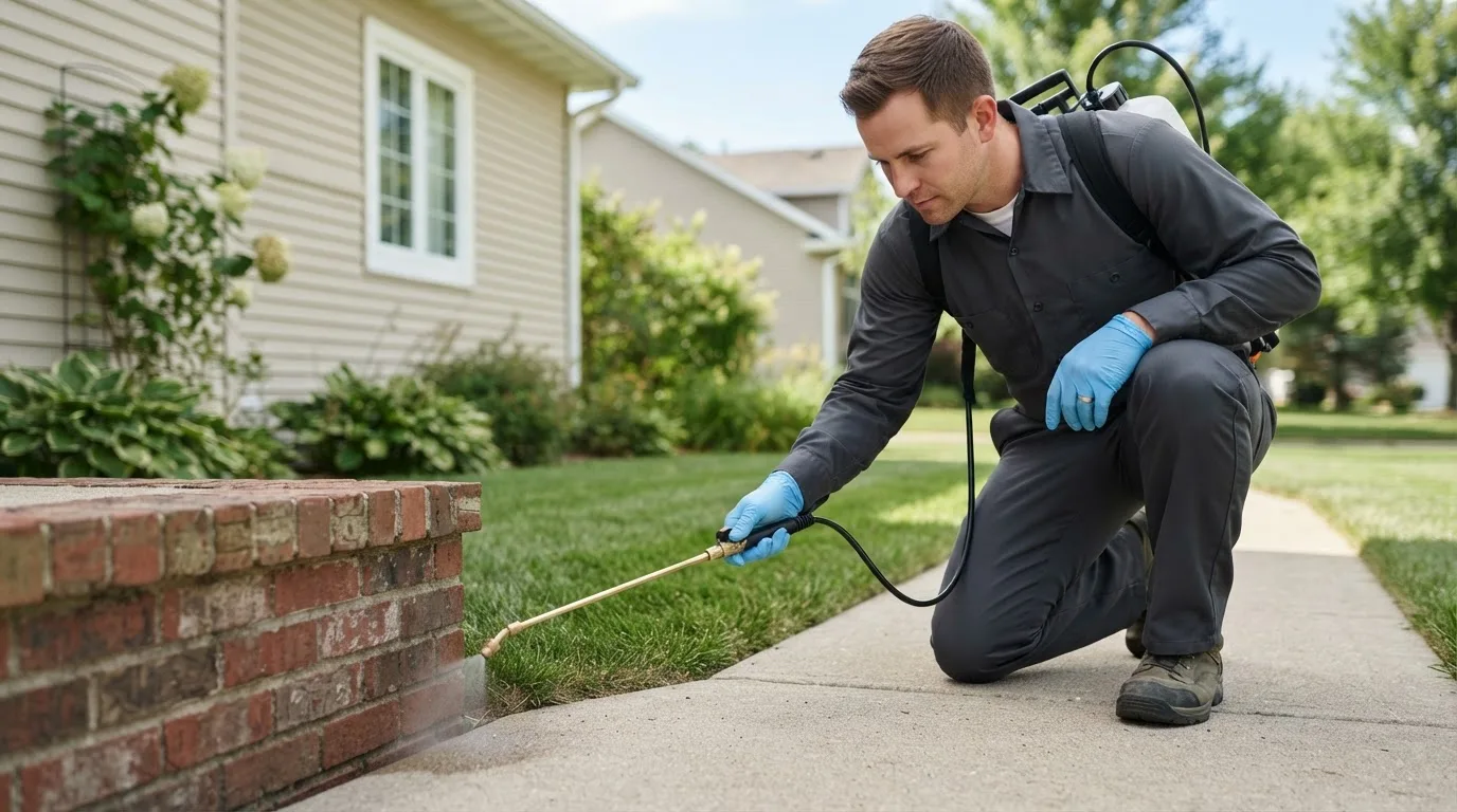 Pest control technician treating a home near Mount Braddock, PA